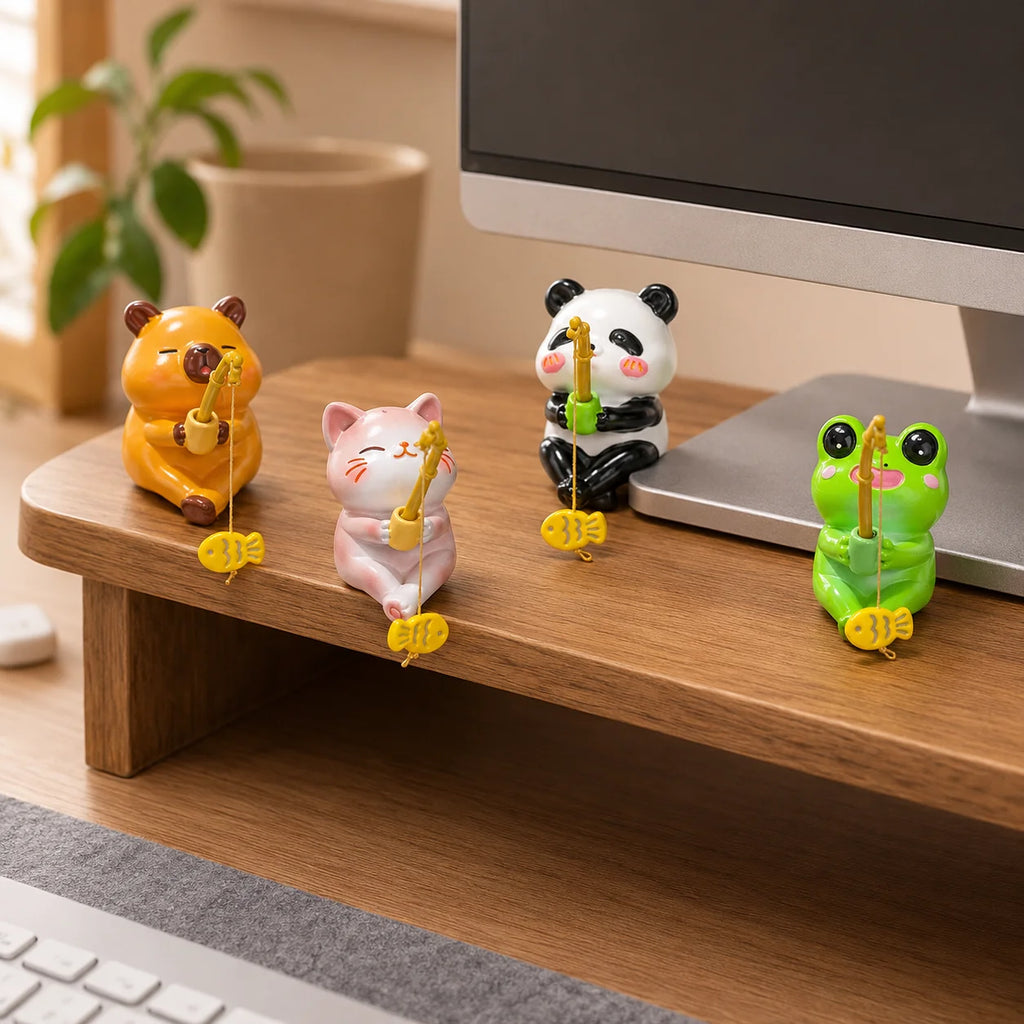 Figuritas pescadoras: gato, rana, panda y capibara