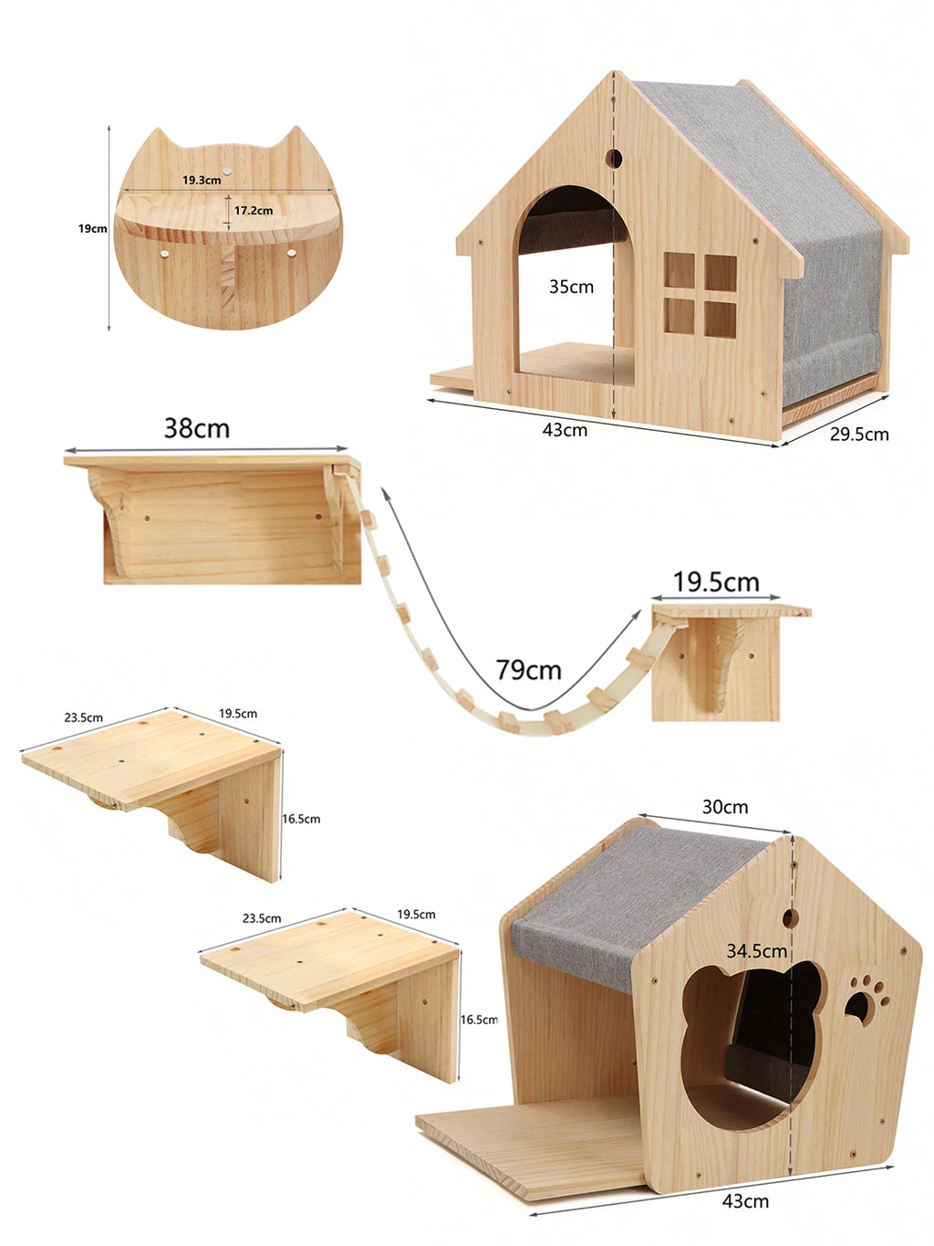 Casita y estantes de pared para gatos