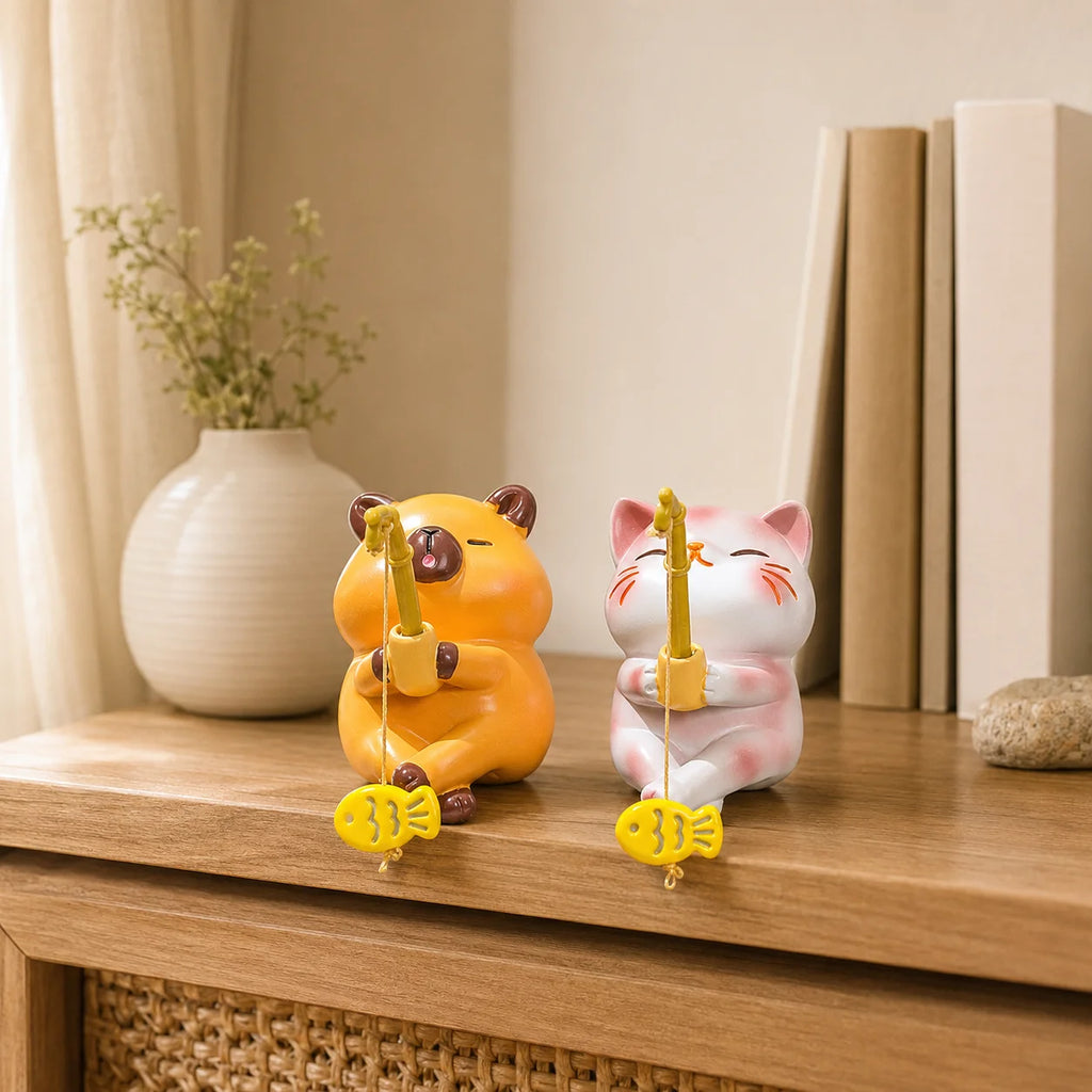Figuritas pescadoras: gato, rana, panda y capibara