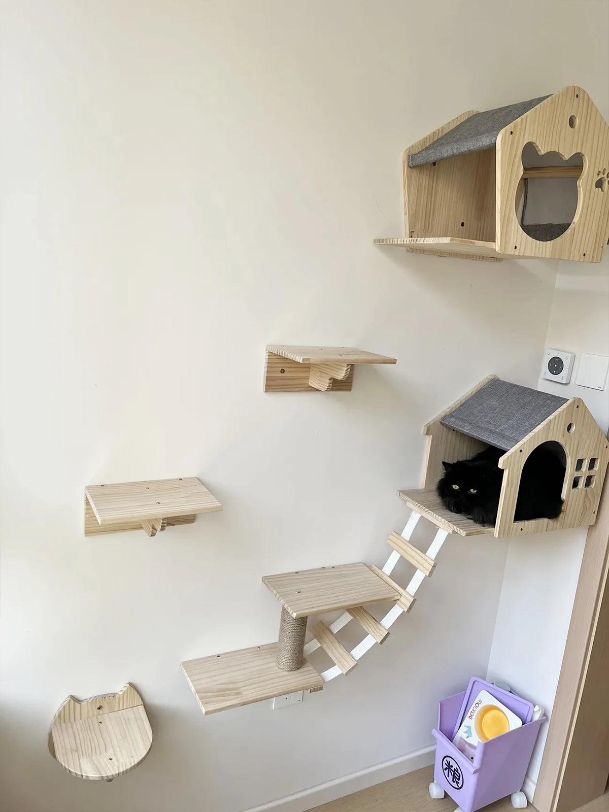 Casita y estantes de pared para gatos
